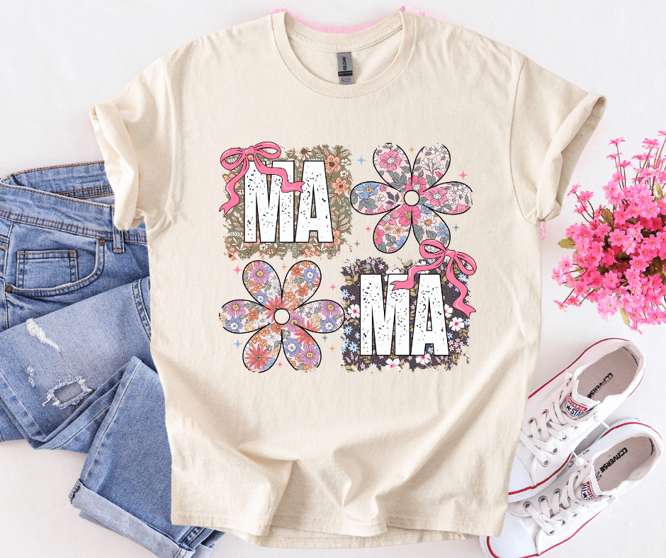 Floral Mama Coquette Bow Squares Natural Tee - Tees - The Red Rival