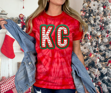 Glitter Christmas Cake KC Letters 2024 Design - Green Outer Glitter - Red Tie Dye Tee - Tees - The Red Rival