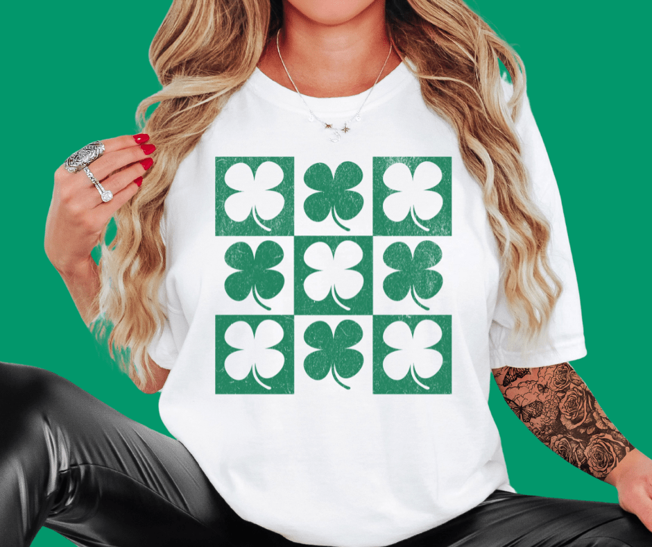 Green Shamrock Pattern on White Tee - Wholesale - The Red Rival