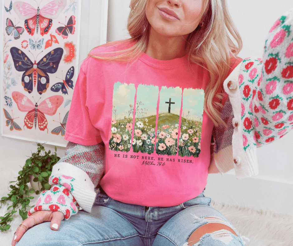 He is Not Here. He has Risen Paint Brush Meadow Crunchberry Tee - Graphic Tee - The Red Rival