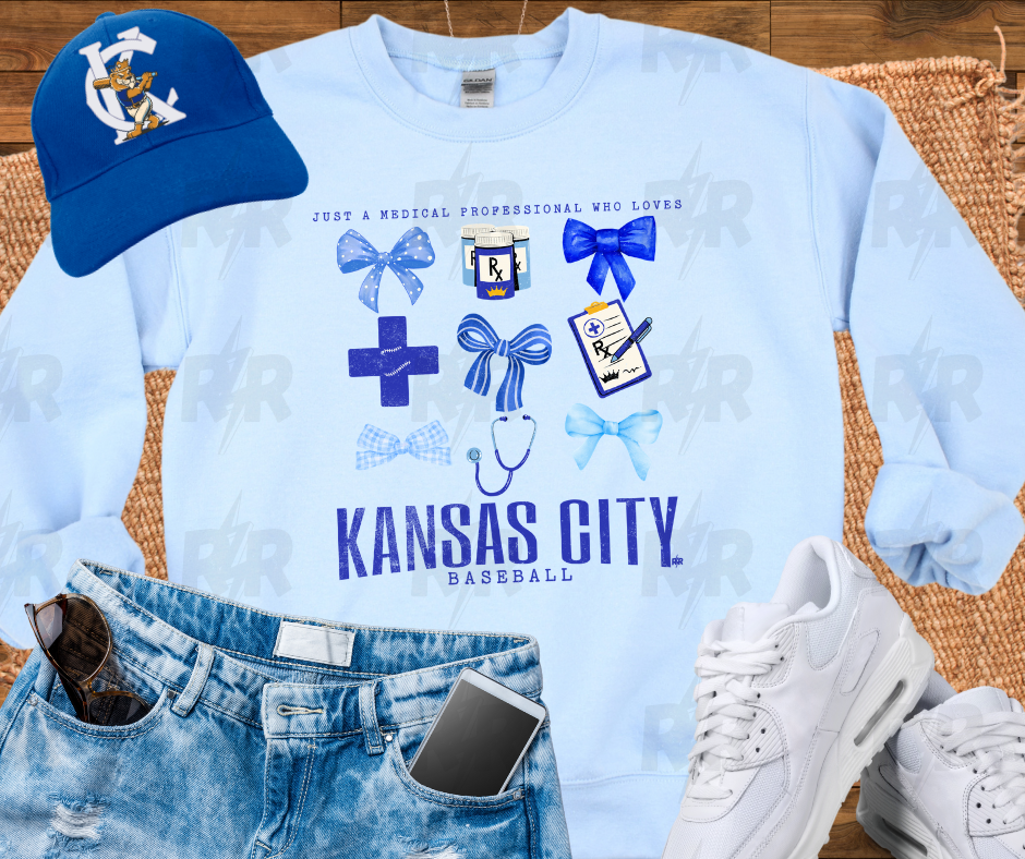 Medical & Bow Icon Collage Just a Medical Professional Who Loves Kansas City Baseball Light Blue Sweatshirt