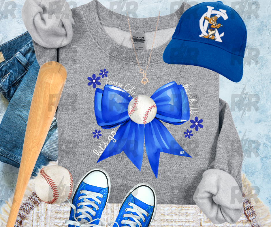 Blue Bow Kansas City Baseball Let's Go Grey Sweatshirt