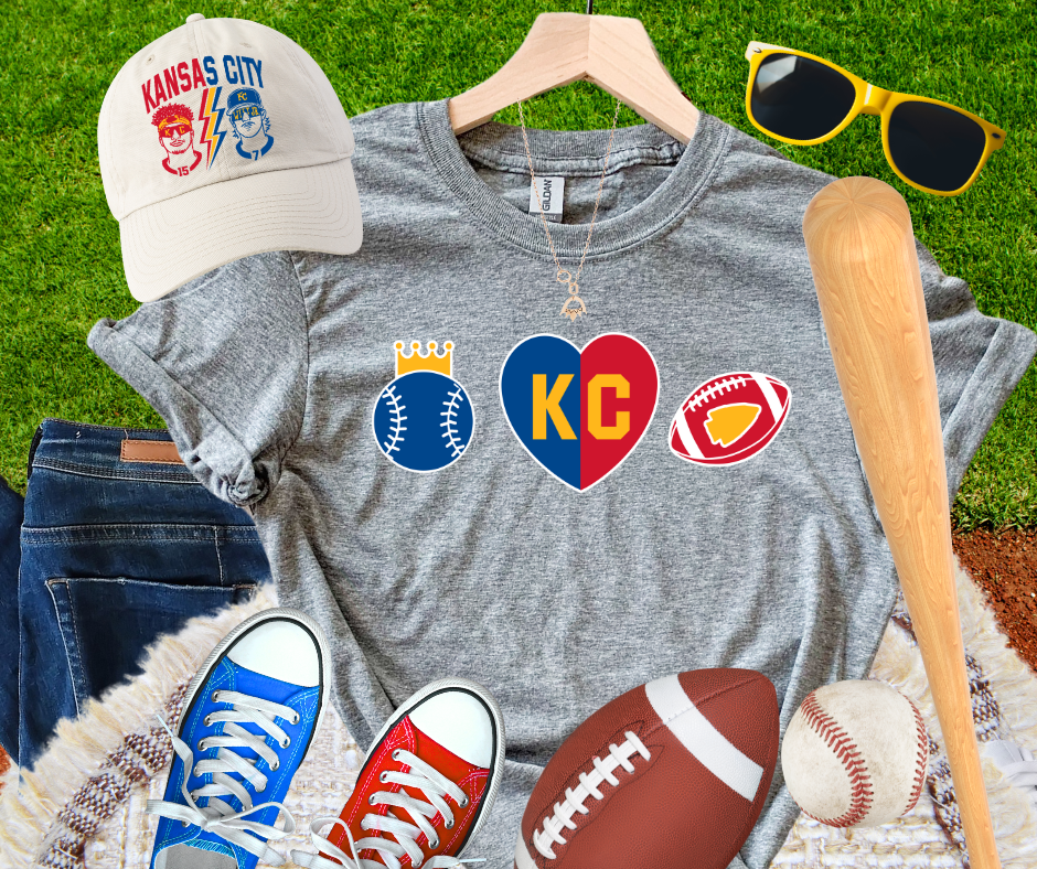 KC Baseball & Football Combo Baseball Split Heart Football Grey Tee