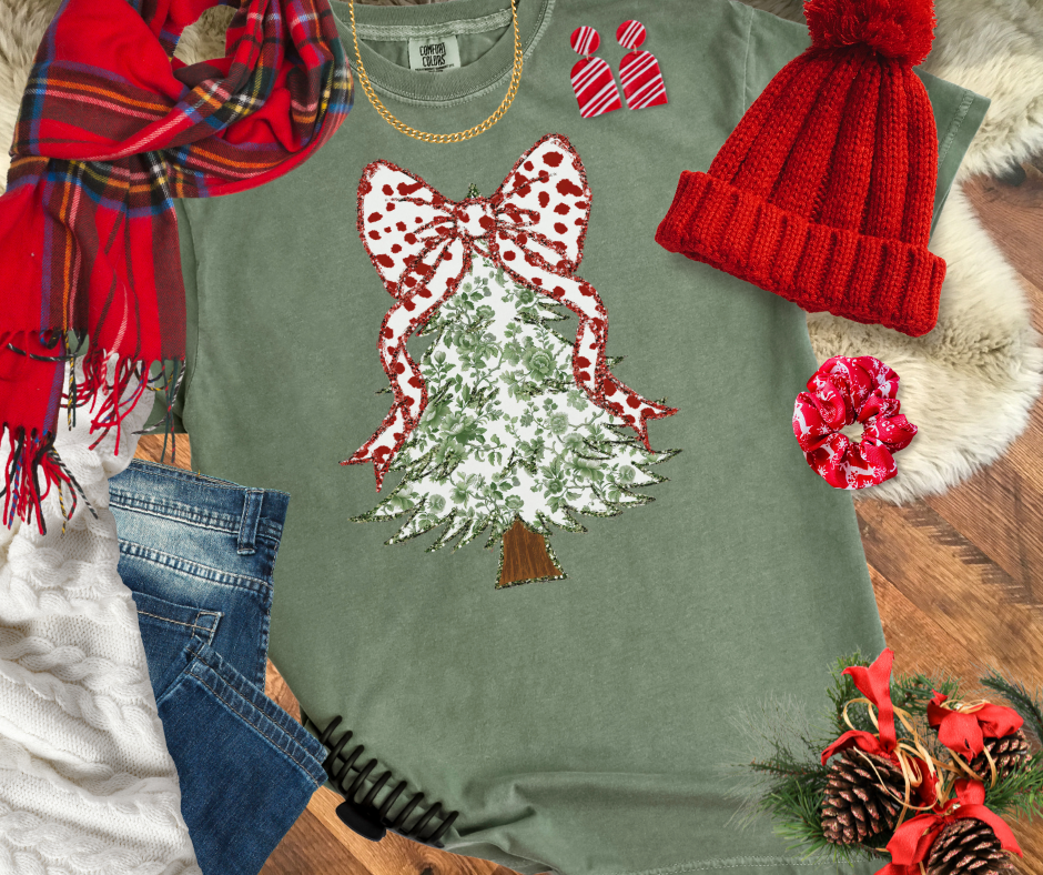 Coquette Christmas Tree Bow Green Floral Pattern Moss Tee