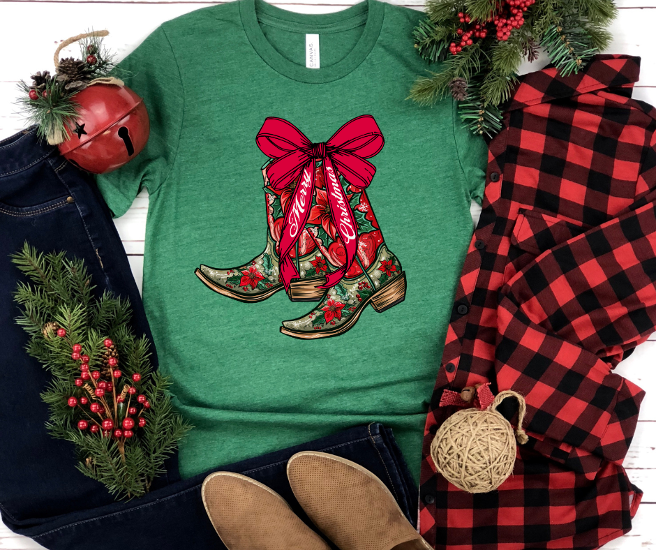 Merry Christmas Cowgirl Poinsettia Floral Boots Green Grass Tee