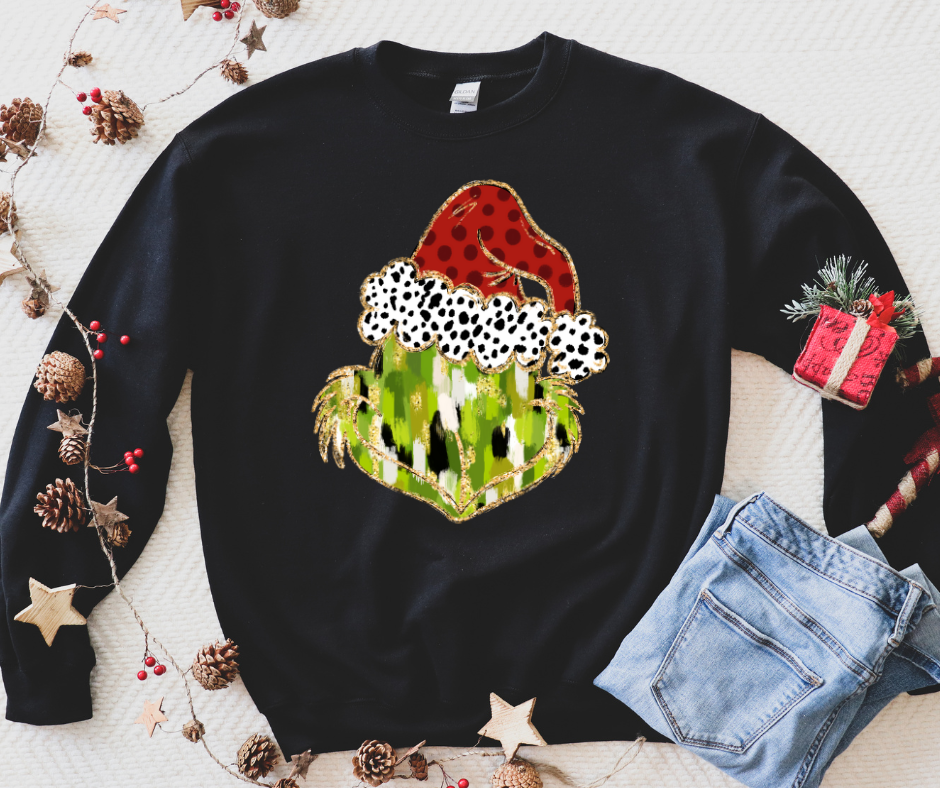 Watercolor Brush Stroke Grinch Black Sweatshirt