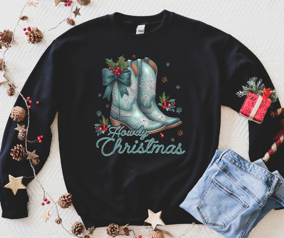 Howdy Christmas TEAL Cowboy Boots Black Sweatshirt