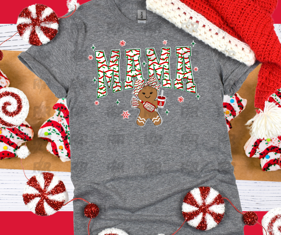 Mama Christmas Cake Pattern Cutesy Gingerbread Girl GREY Tee - The Red Rival