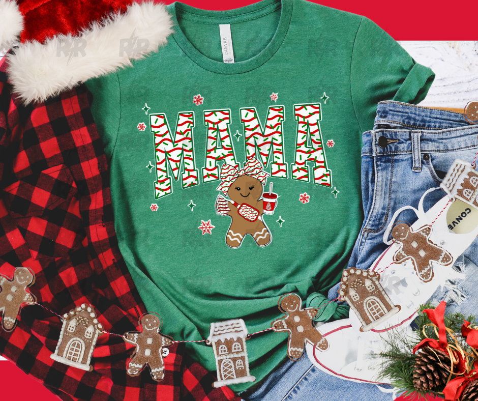 Mama Christmas Cake Pattern Cutesy Gingerbread Girl Green Grass Tee