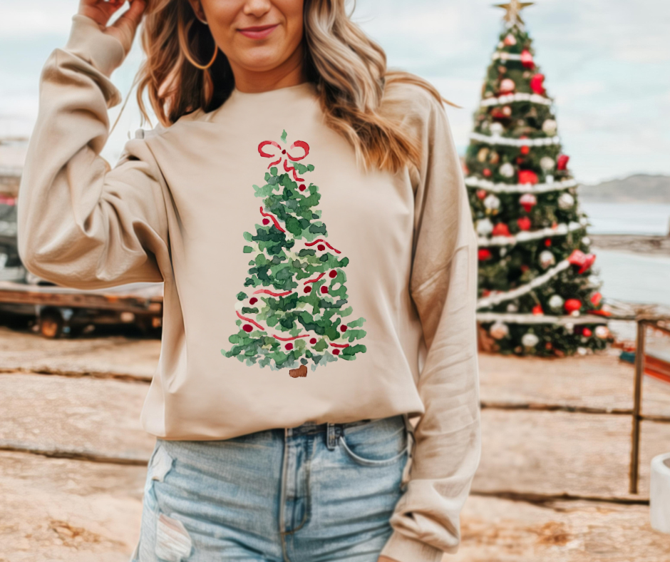 Watercolor Christmas Tree w/ Red Ribbon Tan/Cream Sweatshirt - The Red Rival