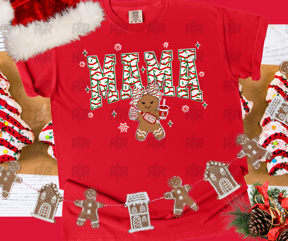 Mama Christmas Cake Pattern Cutesy Gingerbread Girl Red Tee - The Red Rival