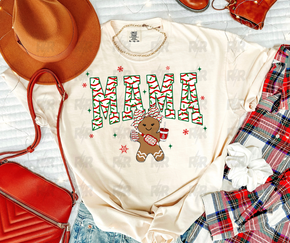 Mama Christmas Cake Pattern Cutesy Gingerbread Girl Cream Tee - The Red Rival