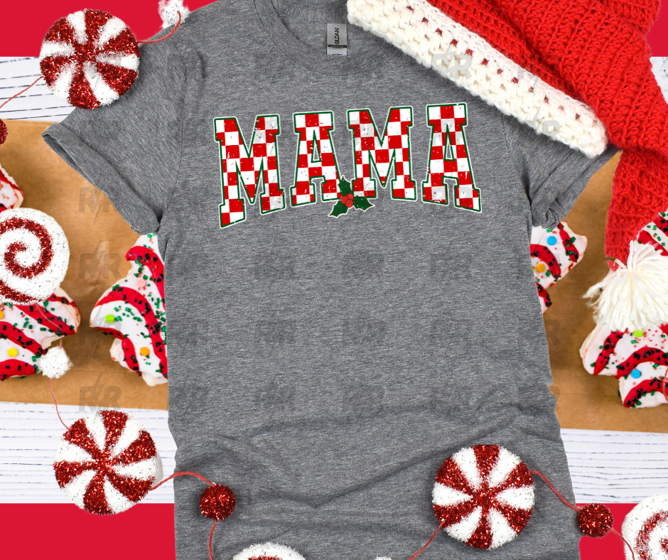 Red & White Checkered Mistletoe Mama Grey Tee - The Red Rival