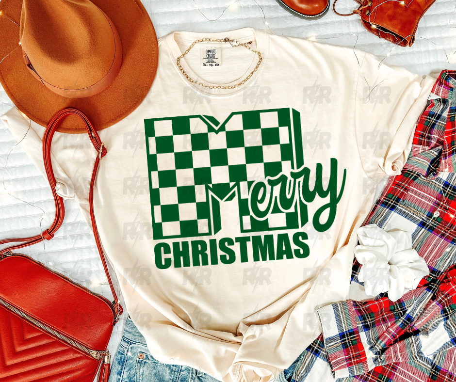 Green MTV Merry Christmas Checkered Cream Tee