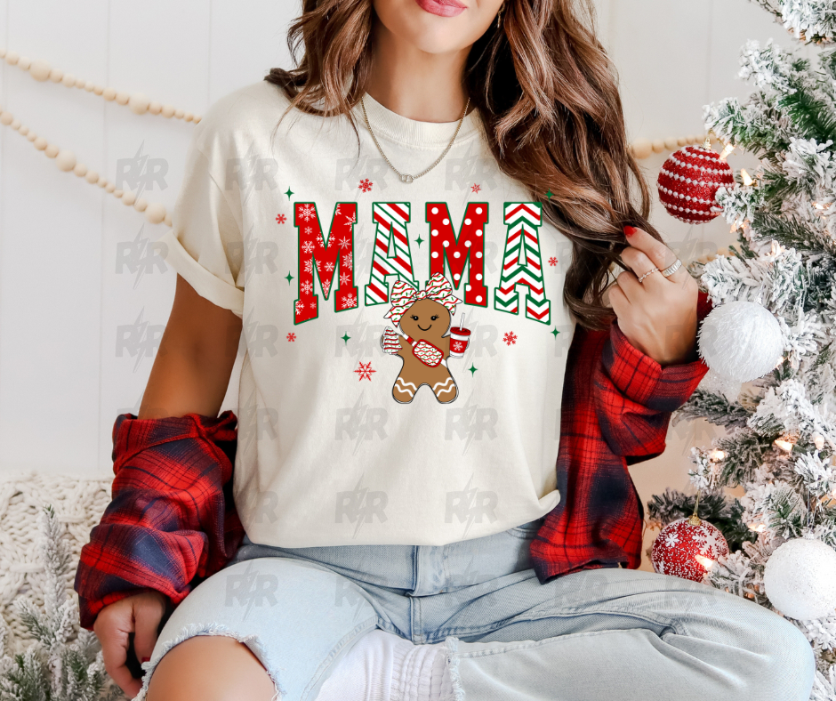 Alternating Christmas Patterned Mama Gingerbread Girl Cream Tee