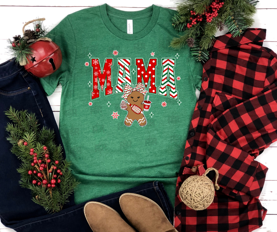 Alternating Christmas Patterned Mama Gingerbread Girl Green Grass Tee