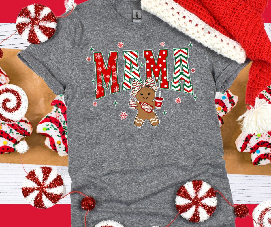 Alternating Christmas Patterned Mama Gingerbread Girl Grey Tee - The Red Rival