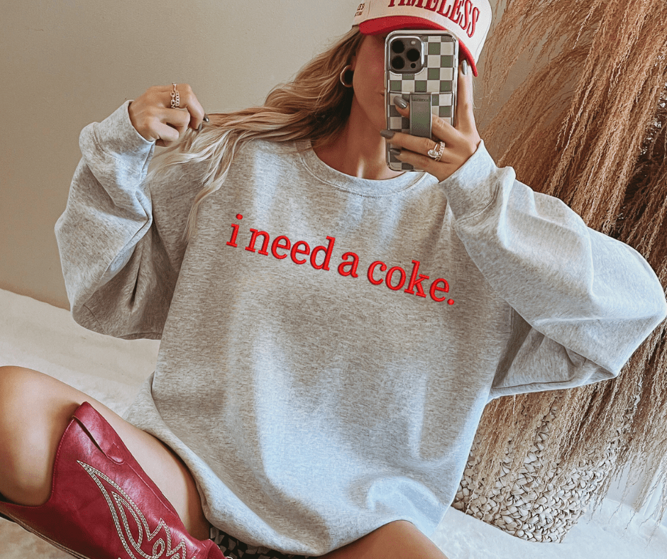 i need a coke. FAUX Embroidery text. Ash Sweatshirt or Tee - Wholesale - The Red Rival