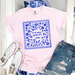 It is Well With My Soul Blue Flowers (Pick your tee color) - Graphic Tee - The Red Rival