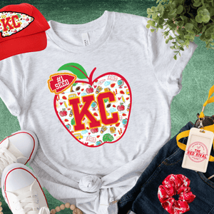 KC Apple School Icons WITH text in arrowhead Ash Sweatshirt or Tee - Wholesale - The Red Rival