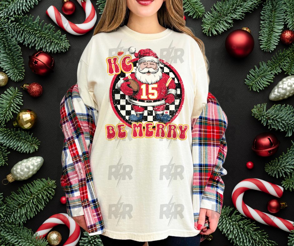 KC Be Merry Checkered Santa Circle Cream Tee - Tees - The Red Rival