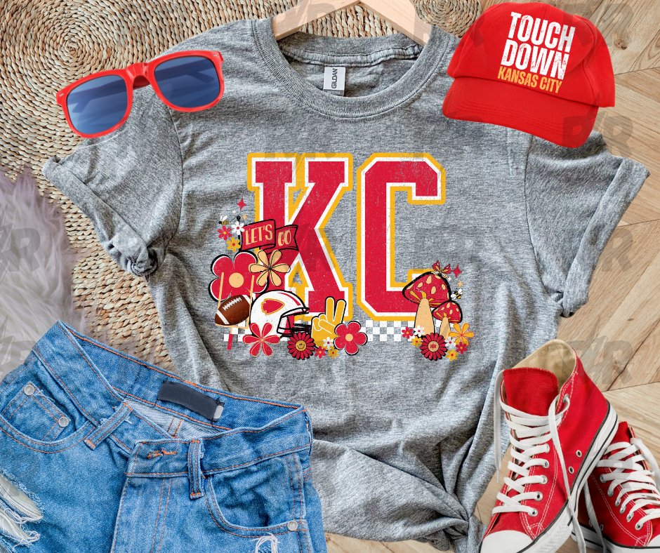 KC Retro Icons w/ Mushrooms Grey Tee - Tees - The Red Rival