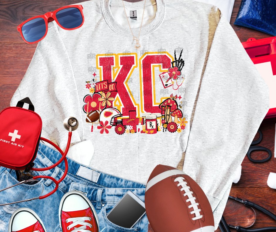 KC Retro Medical Icons w/ Mushrooms Ash Sweatshirt - Graphic Tee - The Red Rival