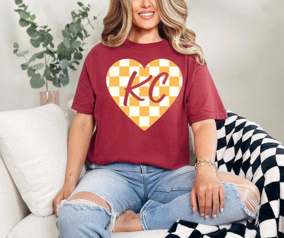 Mustard & Ivory Checkered KC Heart Crimson Tee - Graphic Tee - The Red Rival
