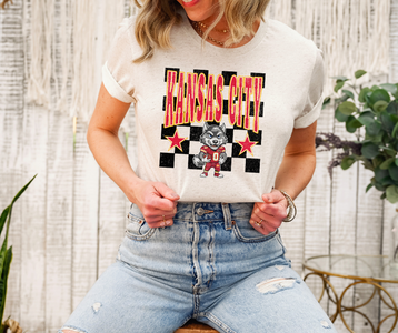 Kansas City Wolf Mascot Checkered Oatmeal Tee - The Red Rival