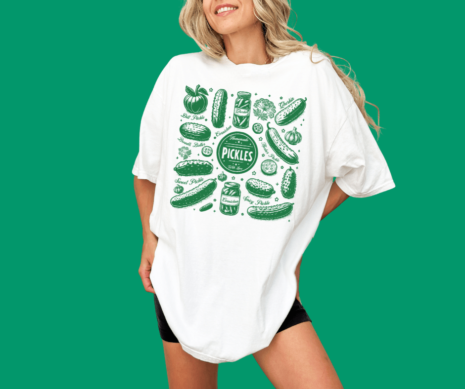 Pickles COLLAGE in GREEN TEXT on White Tee - Wholesale - The Red Rival