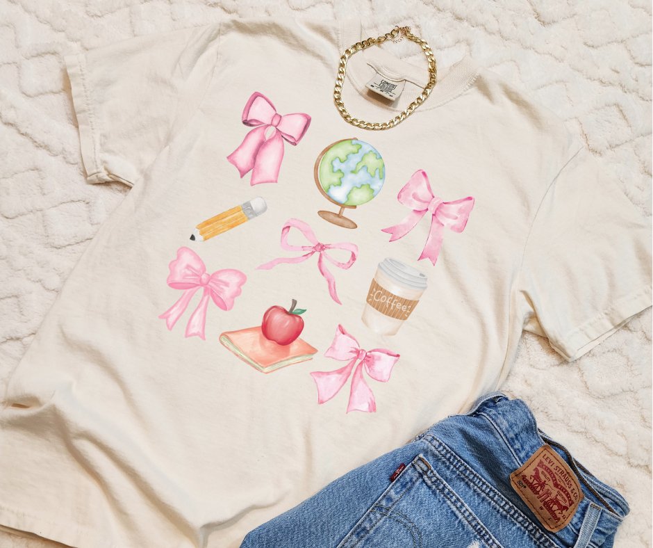 Pink Bow Teacher Pattern Ivory Tee - Graphic Tee - The Red Rival