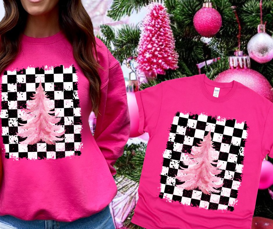 Pink Checkered Christmas Tree Pink Sweatshirt or Tshirt (FINAL SALE) - Wholesale - The Red Rival