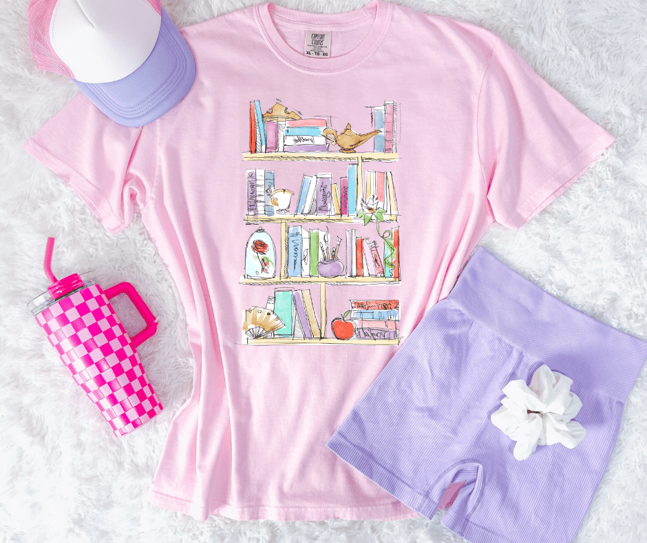 Princess Fairy Tale Book Shelves Light Pink Tee - Graphic Tee - The Red Rival