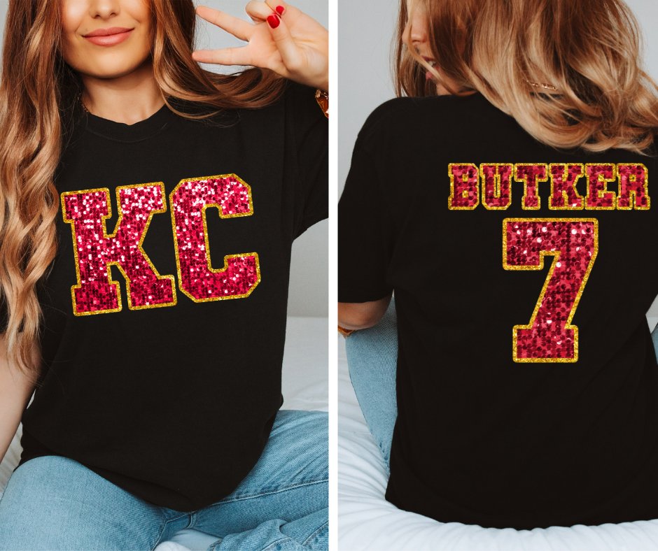 Red Glitter KC Front & BUTKER 7 Back Black Tee (FRONT/BACK) - Graphic Tee - The Red Rival