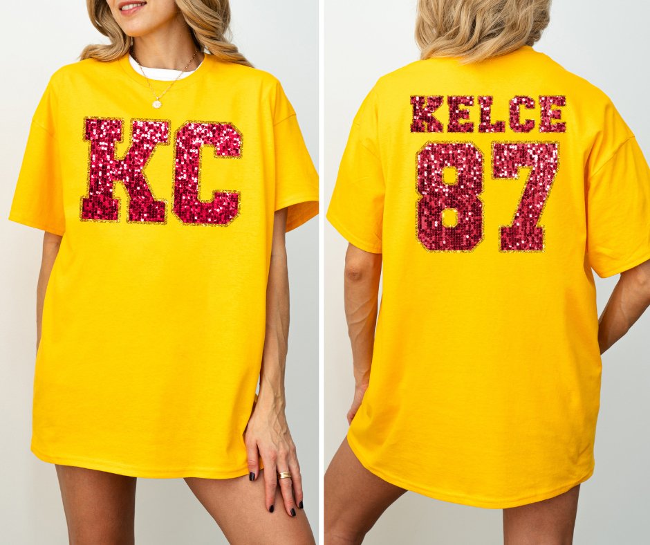 Red Glitter KC Front & KELCE 87 Back Gold Tee (FRONT/BACK) - Graphic Tee - The Red Rival