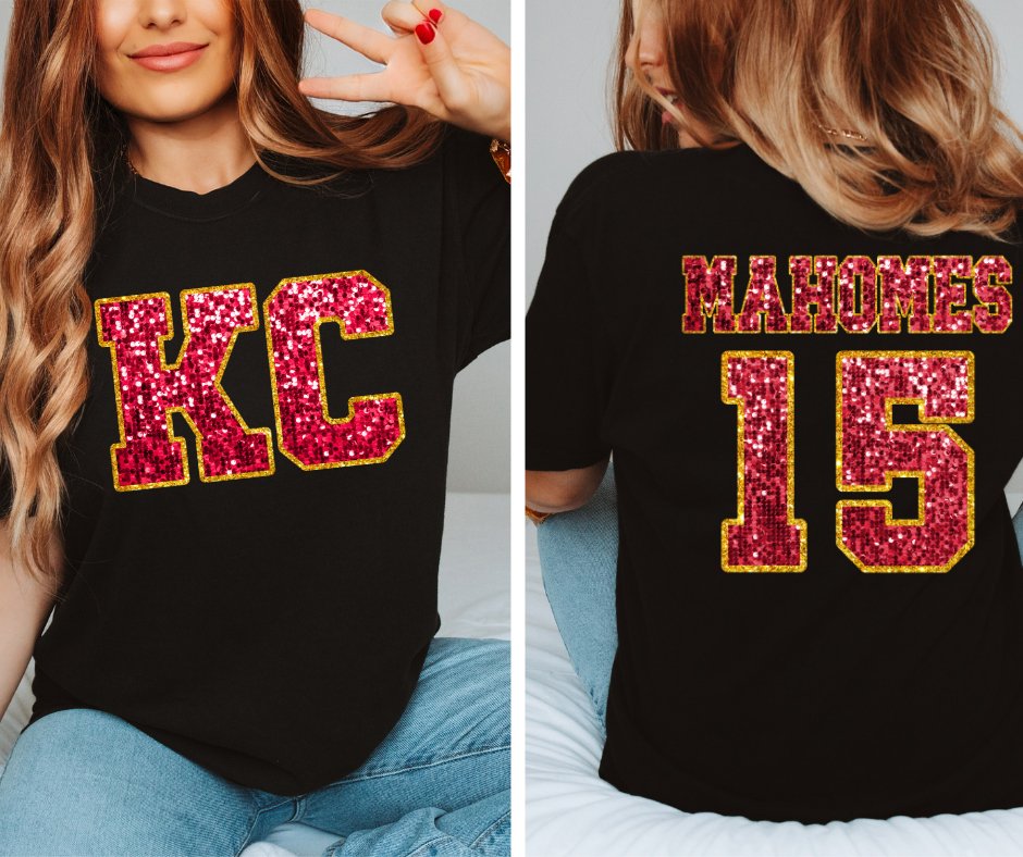 Red Glitter KC Front & MAHOMES 15 Back Black Tee (FRONT/BACK) - Graphic Tee - The Red Rival