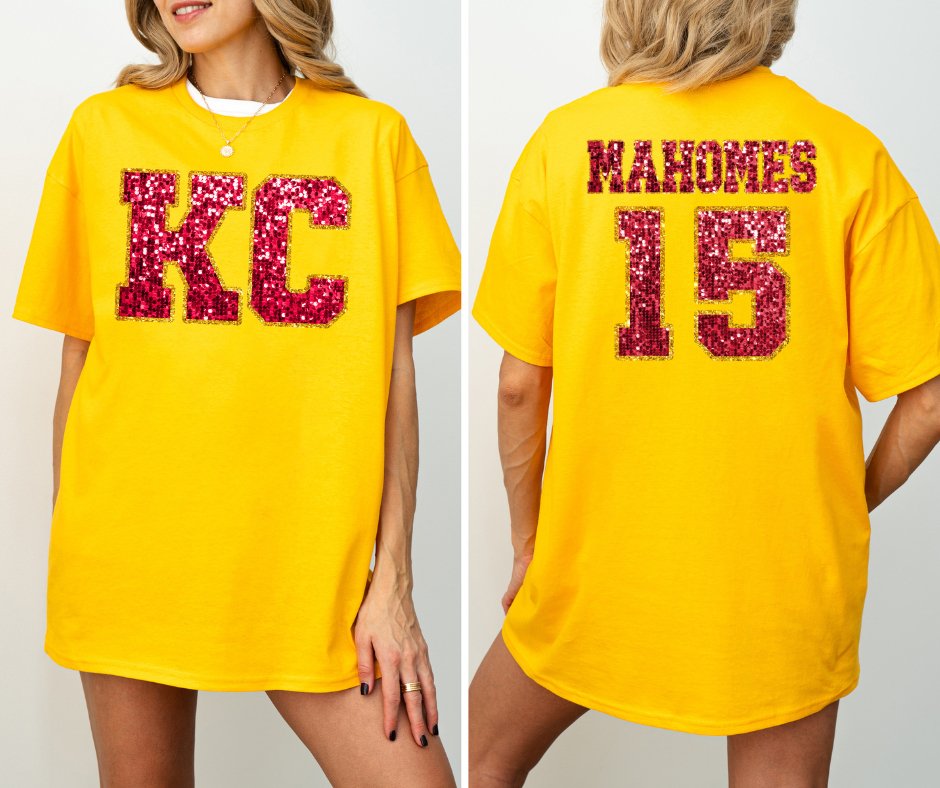 Red Glitter KC Front & MAHOMES 15 Back Gold Tee (FRONT/BACK) - Graphic Tee - The Red Rival