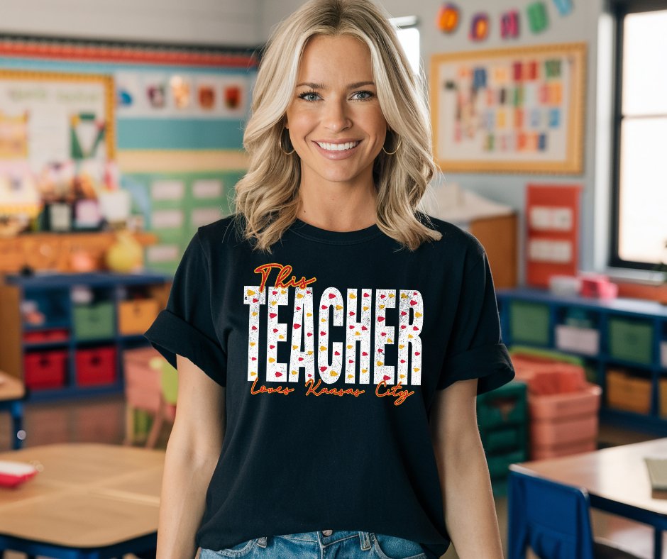 Red & Gold Arrowhead This Teacher Loves Kansas City Black Tee - Tees - The Red Rival