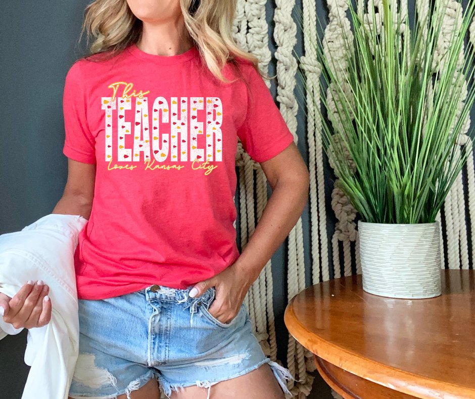 Red & Gold Arrowhead This Teacher Loves Kansas City Heather Red Tee - Tees - The Red Rival
