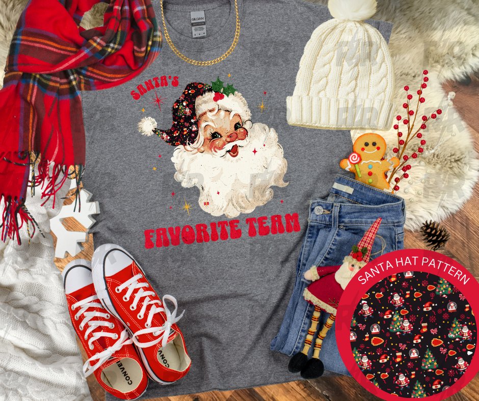 Santa's Favorite Team w/ KC Christmas Pattern Hat on GREY Tee - Tees - The Red Rival