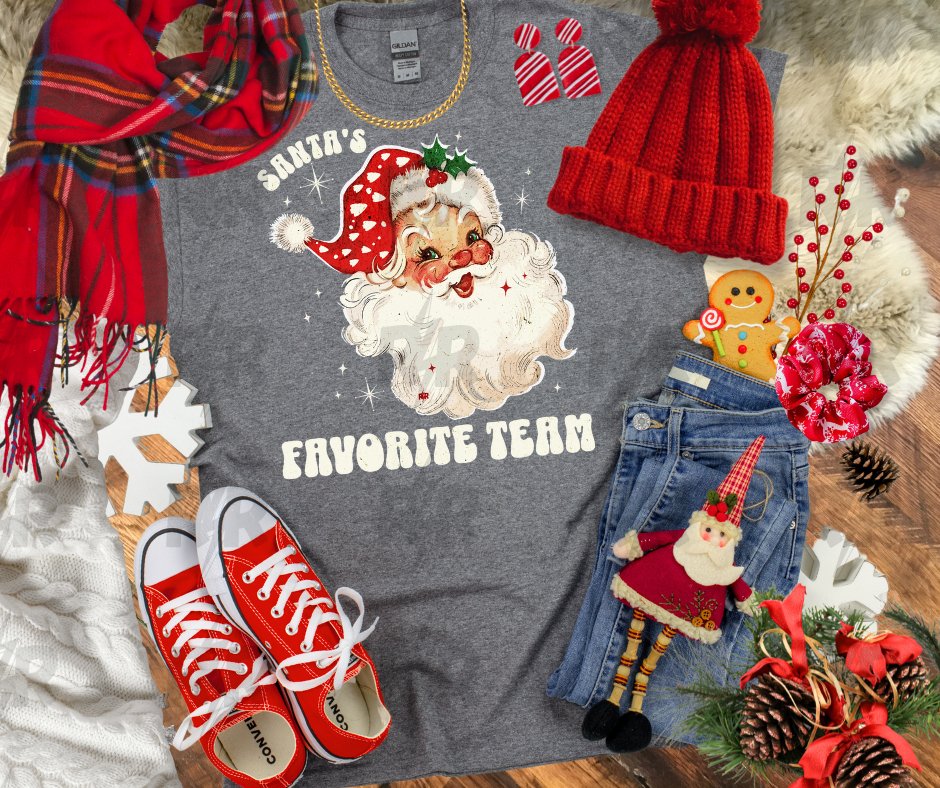 Santa's Favorite Team w/ white arrowheads in Santa Hat on GREY Tee - Tees - The Red Rival