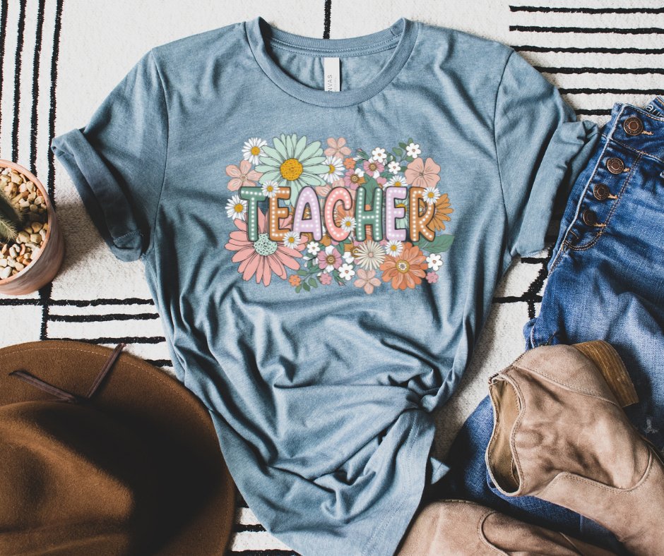 Teacher Boho Floral Slate Tee - Tees - The Red Rival