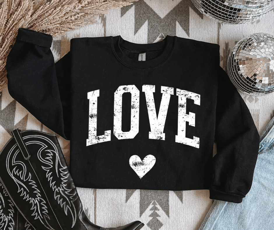 White Distressed LOVE Black Sweatshirt or Tee - Tees - The Red Rival