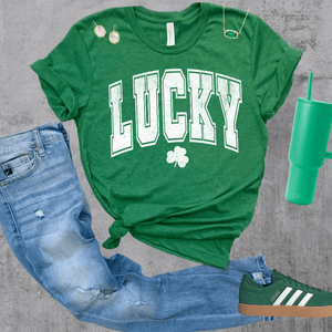 White Distressed LUCKY Heather Green Grass Tee - Wholesale - The Red Rival