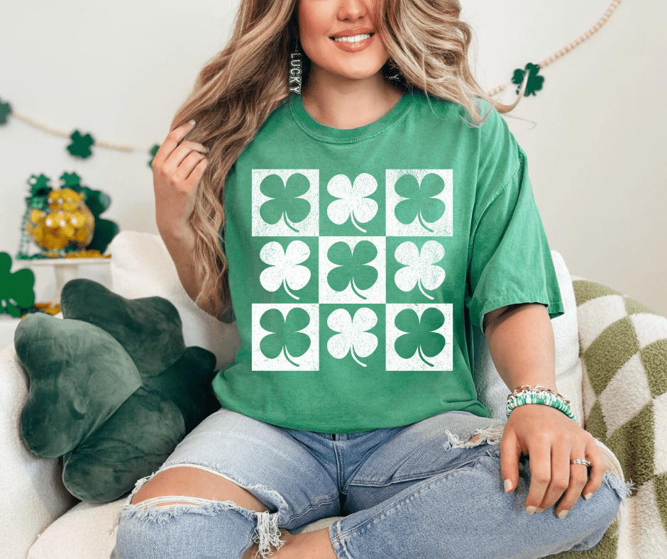 White Shamrock Pattern on Green Tee - Wholesale - The Red Rival