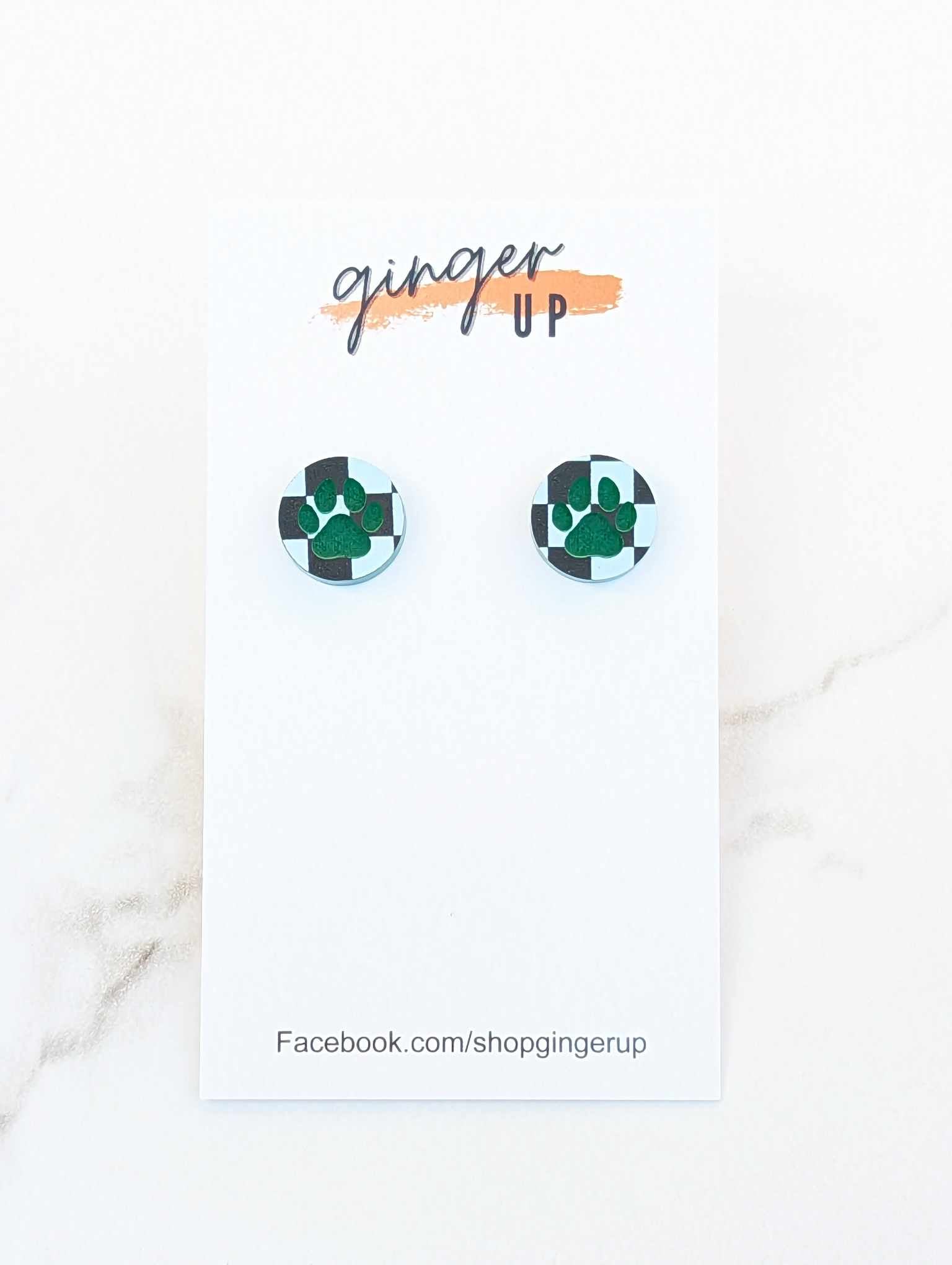 READY TO SHIP - Checkered Green Pawprint Circle Studs