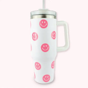 40oz Tumbler with Handle - White Smile Face - The Red Rival